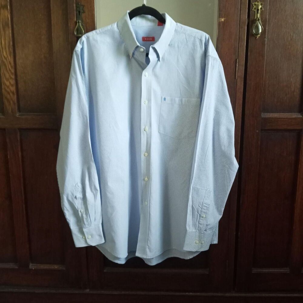Izod Button Down Dress Shirt Blue White Pinstripe SZ L 100% Cotton Collar Cuffs